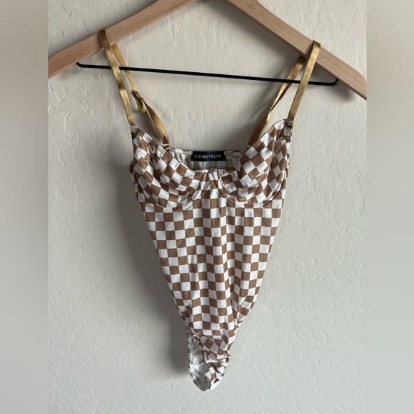 Honeybun Checkered White and Gold Bodysuit - Picture 1 of 4